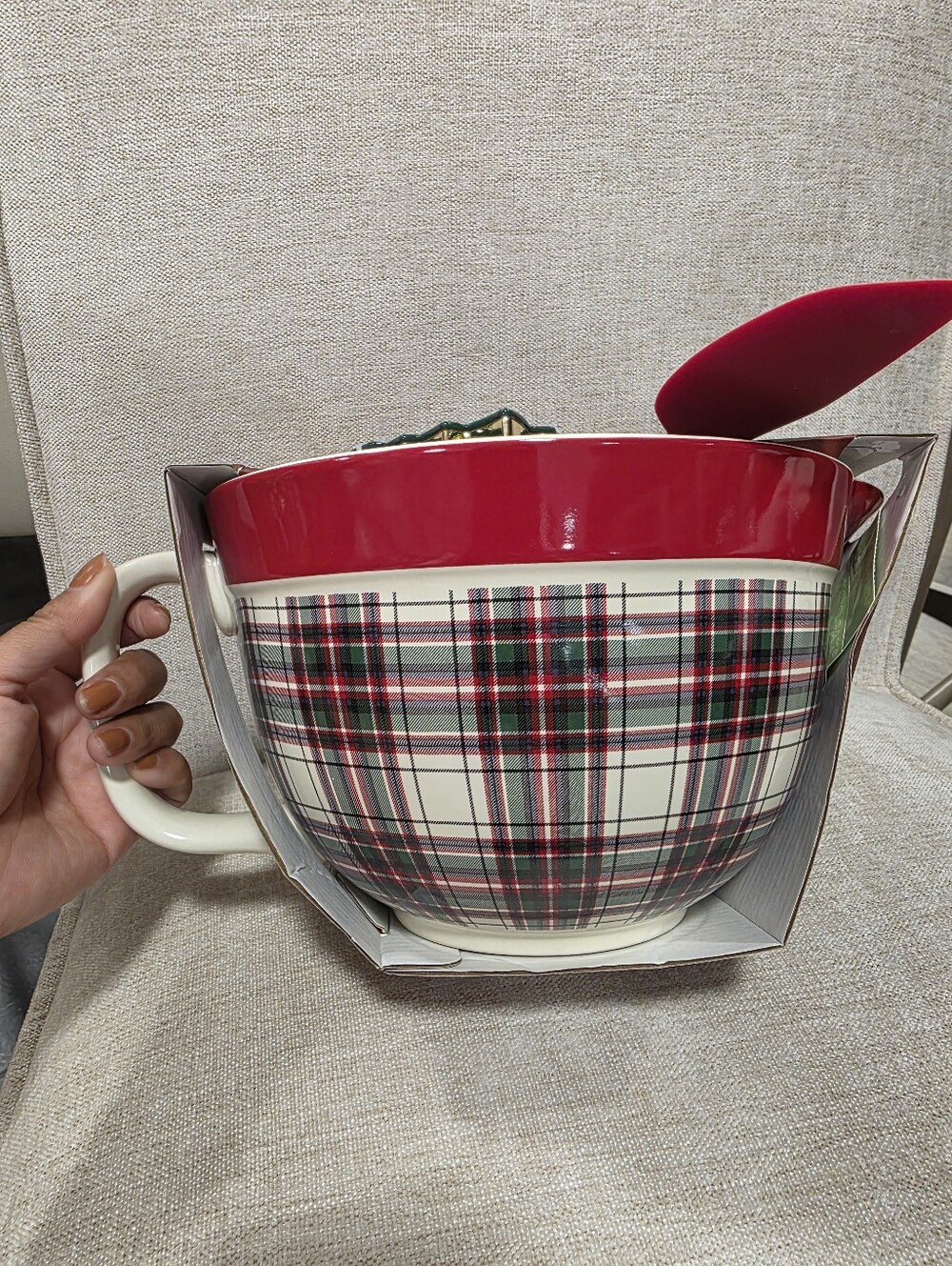 Mixing Bowl with Handle and Red Plaid Design